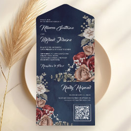 Invitación Todo En Uno Burgundy Red Rose Floral QR Code Navy Blue Wedding