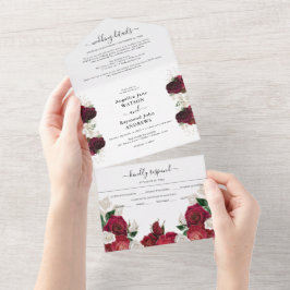 Invitación Todo En Uno Burgundy Rojo y Floral Blanco Elegante Boda