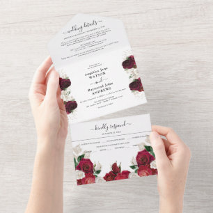 Invitación Todo En Uno Burgundy Rojo y Floral Blanco Elegante Boda