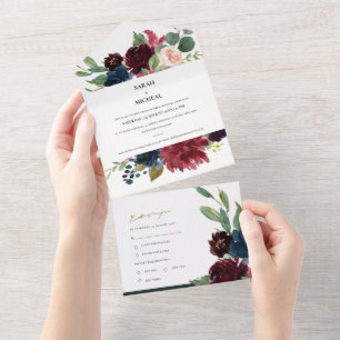 INVITACIÓN TODO EN UNO BURGUNDY RUBOR BLUE GREEN WATERCOLOR FLORAL