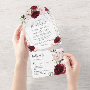 Invitación Todo En Uno Burgundy Rubor Floral Y Boda Geométrico De Oro
