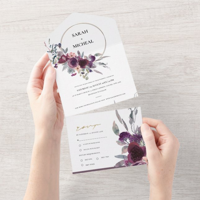 INVITACIÓN TODO EN UNO BURGUNDY RUBOR PEACH GREEN GRIS FLORAL WREATH (desgarro)