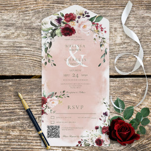 Invitación Todo En Uno Burgundy ruso y Rubor Roses rosados Código QR
