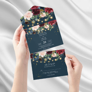 Invitación Todo En Uno Burgundy Rústico Azul Marino & Flores y Luces Roja