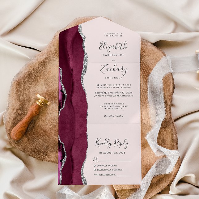 Invitación Todo En Uno Burgundy Silver Agate Blush Pink Wedding (Subido por el creador)