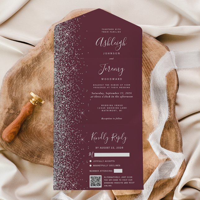Invitación Todo En Uno Burgundy Silver Glitter QR Code Wedding (Subido por el creador)