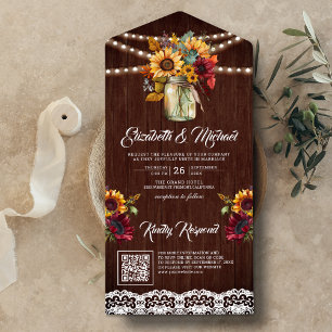 Invitación Todo En Uno Burgundy Sunflowers Mason Jar Wood QR Code Boda