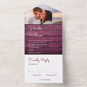 Invitación Todo En Uno Burgundy Wood String Lights Photo Boda
