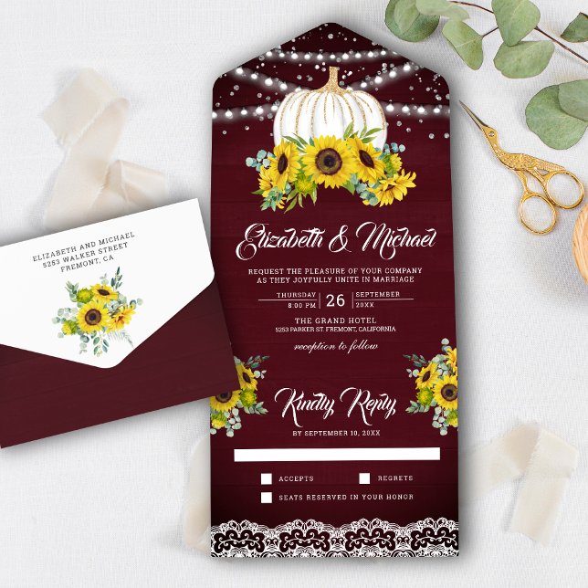 Invitación Todo En Uno Burgundy Wood Sunflowers Boda de Calabaza Blanca (Subido por el creador)