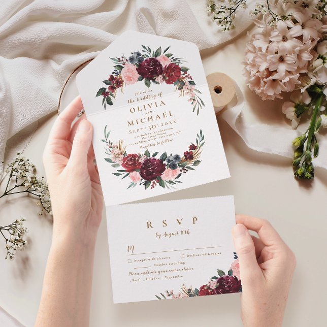 Invitación Todo En Uno Burguno acuarela floral rústico boho boda al (Burgundy watercolor floral rustic boho wedding al all in one invitation)