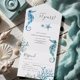 Invitación Todo En Uno Caballo marino acuático 50° aniversario Boda