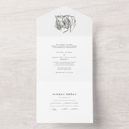 Invitación Todo En Uno Caballos Acuarela Simple Boda Blanca  