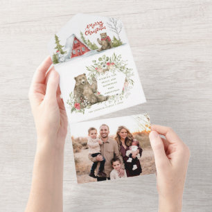 Invitación Todo En Uno Cabina roja en el bosque con oso   Navidades de fo