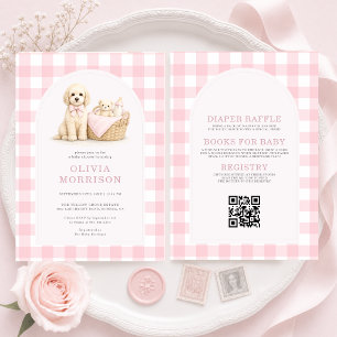 Invitación Todo en Uno Cachorro de Cuadros Rosa Fiesta de Beb