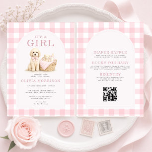 Invitación Todo en Uno Cachorro de Niña Rosa Fiesta de Bebé