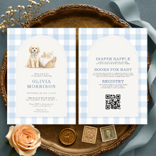 Invitación Todo en Uno Cachorro de Perro a Cuadros Azul Baby 