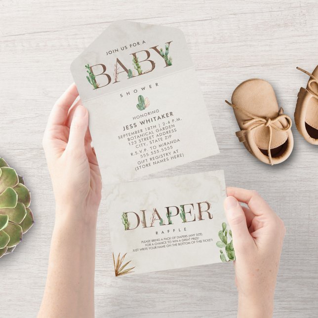 Invitación Todo En Uno Cactus Diaper Raffle Baby Shower Todo En Uno (Subido por el creador)