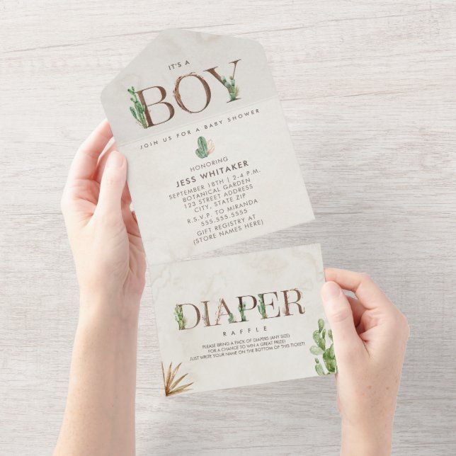 Invitación Todo En Uno Cactus Diaper Raffle Boy Baby Shower (desgarro)