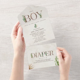 Invitación Todo En Uno Cactus Diaper Raffle Boy Baby Shower
