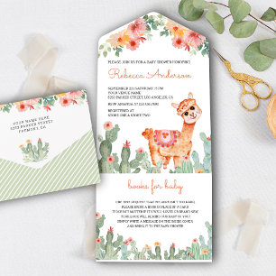 Invitación Todo En Uno Cactus floral acuática rusa Llama Baby Shower