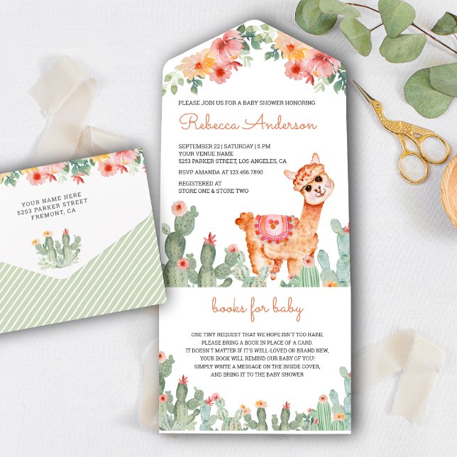 Invitación Todo En Uno Cactus floral acuática rusa Llama Baby Shower (Subido por el creador)