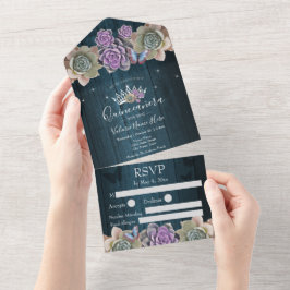 Invitación Todo En Uno Cactus y Mariposa Elegante madera Quinceanera