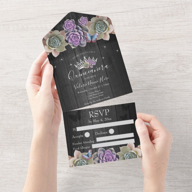 Invitación Todo En Uno Cactus y Mariposa Elegante Quinceanera Gris (desgarro)