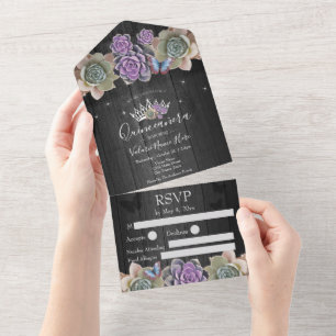 Invitación Todo En Uno Cactus y Mariposa Elegante Quinceanera Gris