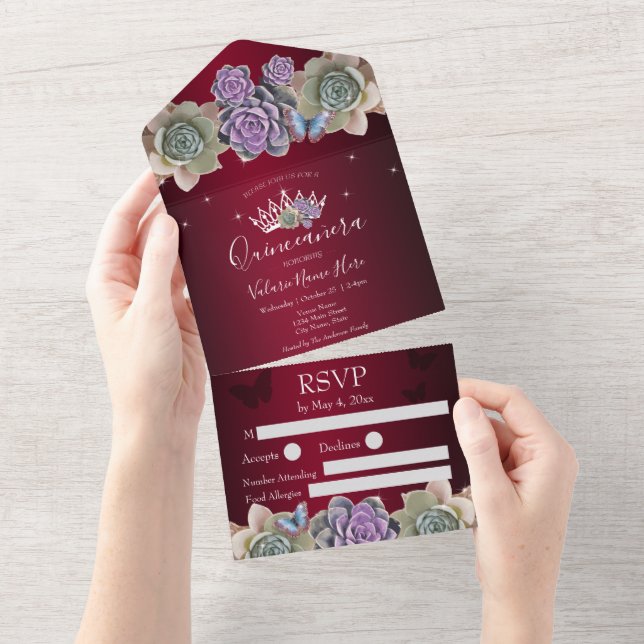 Invitación Todo En Uno Cactus y Mariposa Elegante Quinceanera rojo Todo I (desgarro)