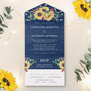 Invitación Todo En Uno Cadena Rustic Sunflowers Ilumina Boda azul de la M