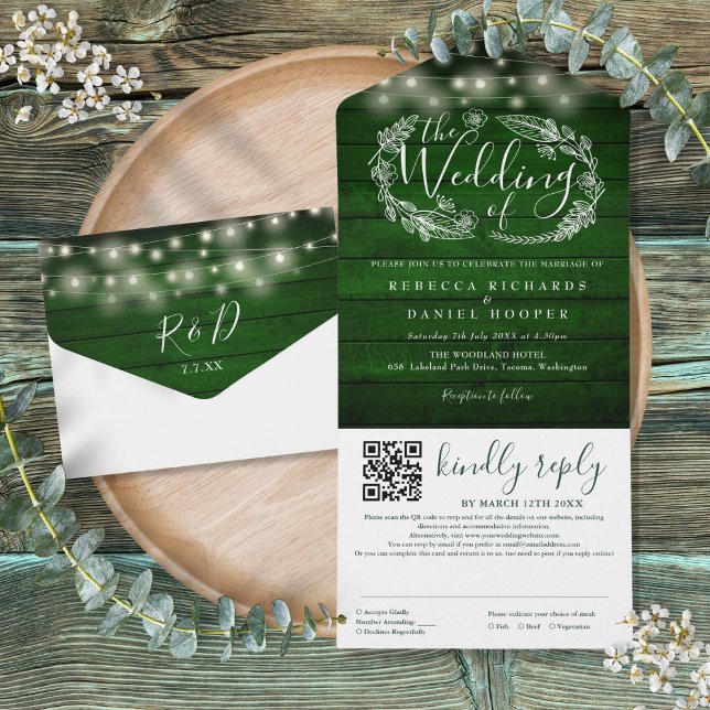 Invitación Todo En Uno Cadena verde de esmeralda rusa ilumina Boda de cód (Rustic Emerald Green String Lights QR Code Wedding All In One Invitation)