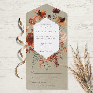 Invitación Todo En Uno Cae Boho Rust & Peach Floral Frame Sage Sin Cena