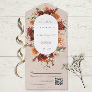 Invitación Todo En Uno Cae Boho Rust & Peach Floral Oval Beige QR Code