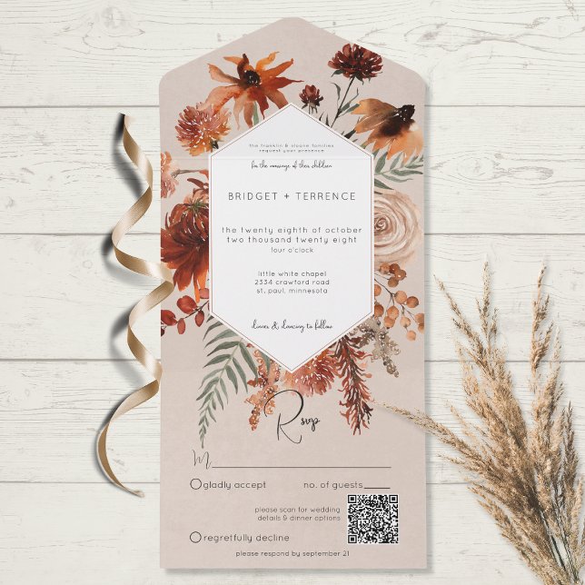 Invitación Todo En Uno Caer Boho Rust & Peach Floral Frame Beige QR Code (Subido por el creador)