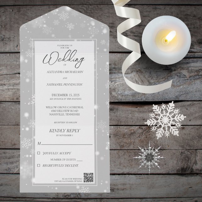 Invitación Todo En Uno Caer copos de nieve en gris con código QR (Available without QR code. )