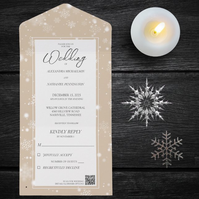 Invitación Todo En Uno Caer copos de nieve en Tan con código QR (Subido por el creador)