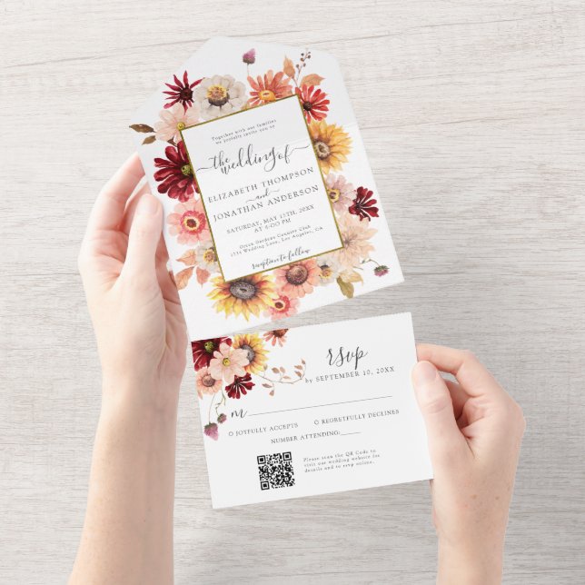 Invitación Todo En Uno Caída Borgoña Dahlia Floral Gold QR Boda RSVP (desgarro)