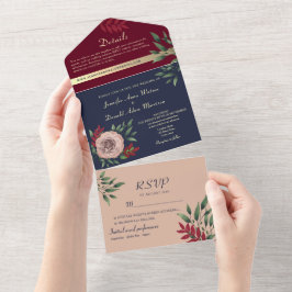 Invitación Todo En Uno Caída Borgoña Sello Naval y Enviar Boda