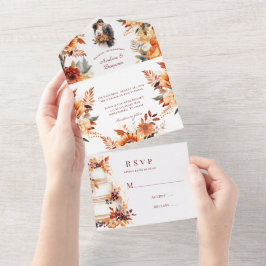 Invitación Todo En Uno Caída Borgoña y Naranja Boda Floral