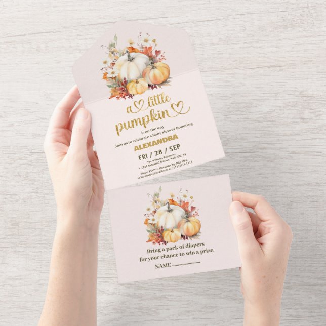 Invitación Todo En Uno Caída de calabaza pequeña acuarela florida ducha d (desgarro)