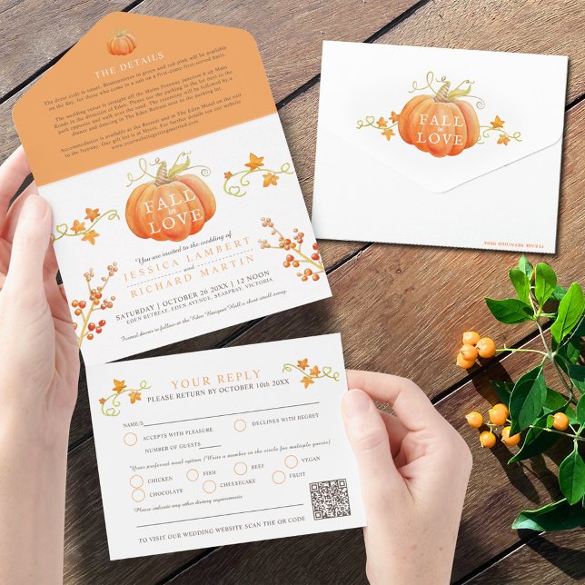 Invitación Todo En Uno Caída en el amor Calabaza acuática boda otoño QR (Subido por el creador)