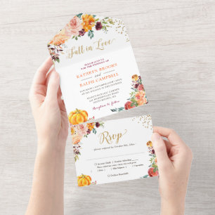 Invitación Todo En Uno Caída en el Amor Calabaza Boda Botánico Floral Gol
