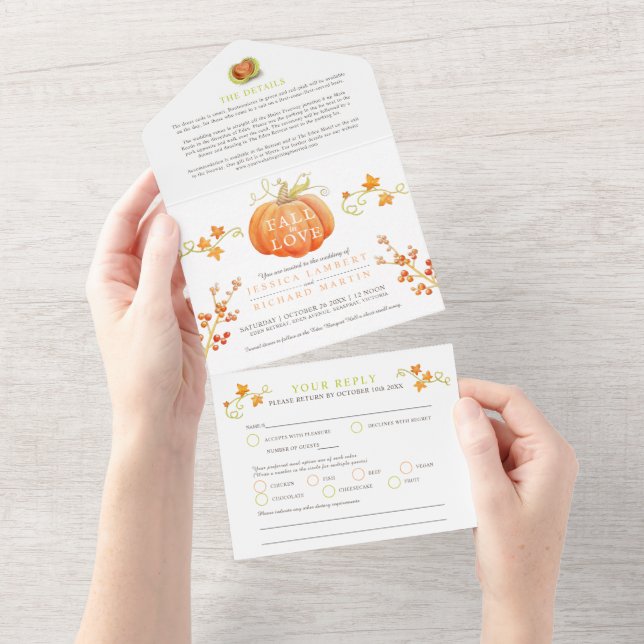 Invitación Todo En Uno Caída en el amor Calabaza de acuarela boda otoño (desgarro)