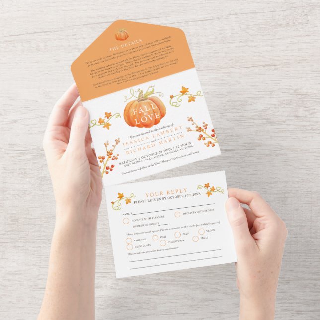 Invitación Todo En Uno Caída en el amor Calabaza de acuarela boda otoño (desgarro)