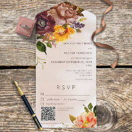 Invitación Todo En Uno Caída Rústica Borgoña y Amarillo Floral Tan Código