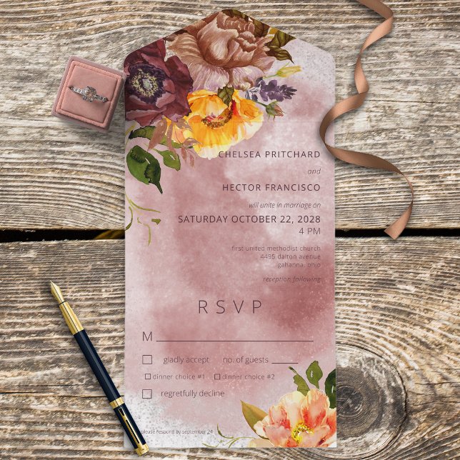 Invitación Todo En Uno Caída Rústica Cena de Vino Floral Amarillo (Subido por el creador)