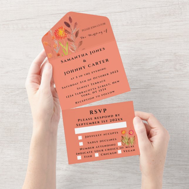Invitación Todo En Uno Caída Terracotta Naranja otoño Flores boho Moda (desgarro)