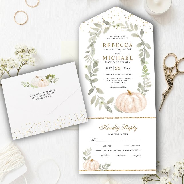 Invitación Todo En Uno Calabaza Blanca de Greenery Rústico Boda de Otoño (Subido por el creador)