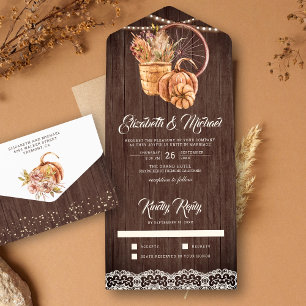 Invitación Todo En Uno Calabaza Boho Encaje Madera Rústica Boda Otoño
