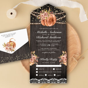 Invitación Todo En Uno Calabaza Floral de Madera Rústica Boda de Otoño